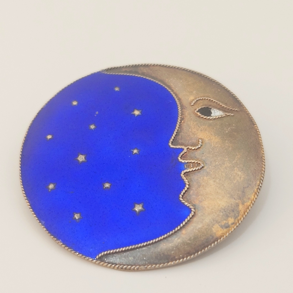 Laurel Burch Gold Over Sterling Silver Enameled Moon And Stars Brooch 80$